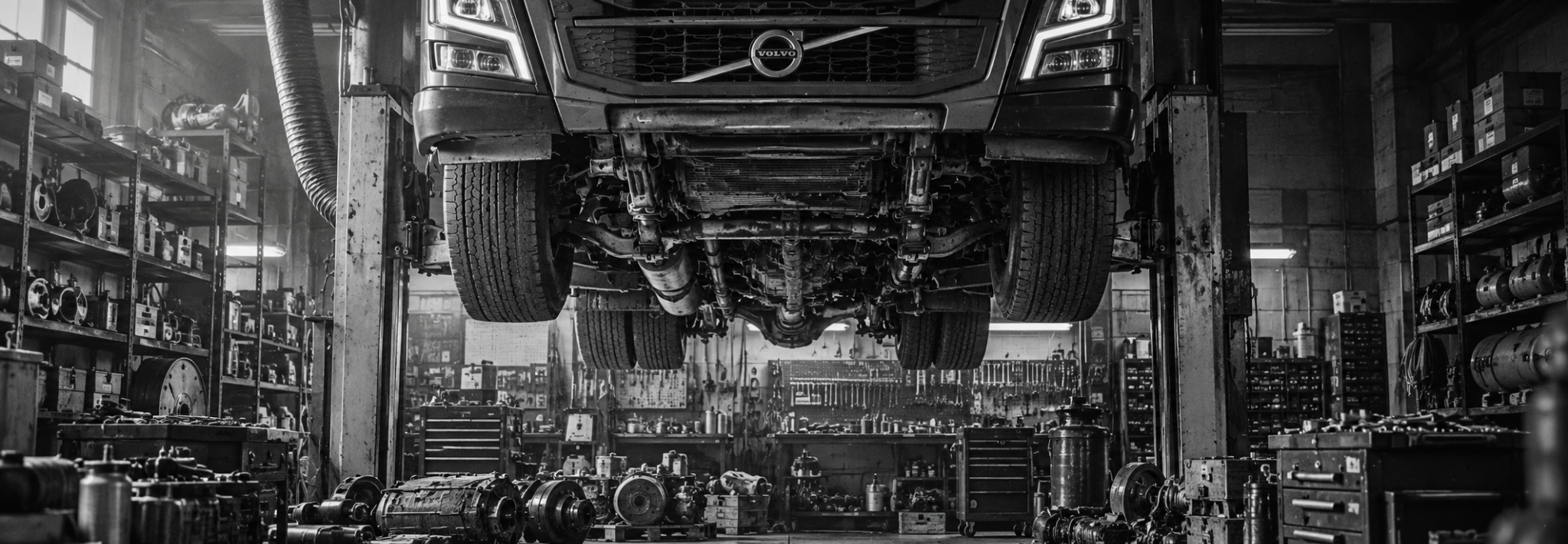 Camión Volvo en taller con repuestos